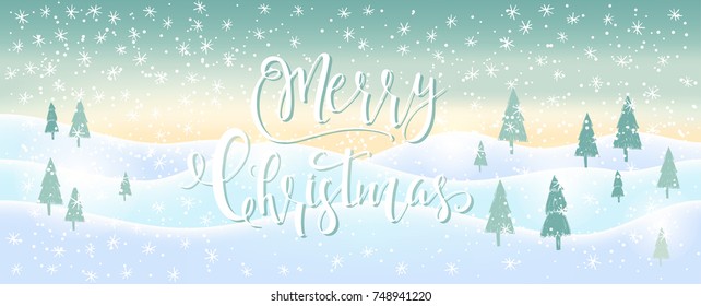 Light blue abstract Christmas background with white sparkling snowflakes. Winter holiday illustration,  landscape with presents, space for text. Template for decoration, greeting cards, invitations.