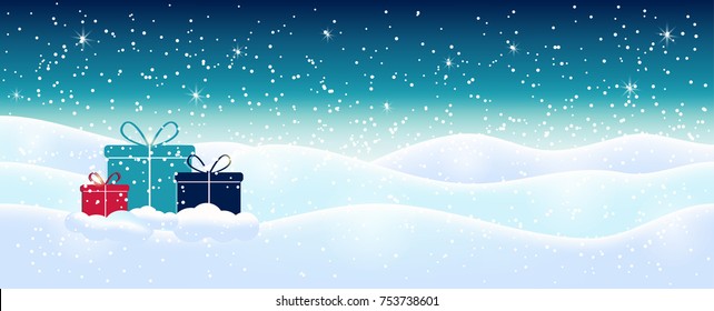 Light blue abstract Christmas background with white sparkling snowflakes. Winter holiday illustration,  landscape with presents, space for text. Template for decoration, greeting cards, invitations.