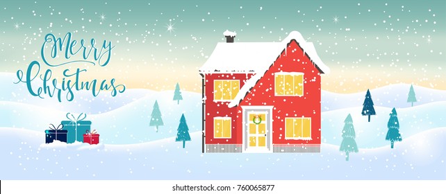 Light blue abstract Christmas background with winter house, lettering and white sparkling snowflakes. Cute holiday illustration,  landscape with home, cottage,  presents, space for text. 