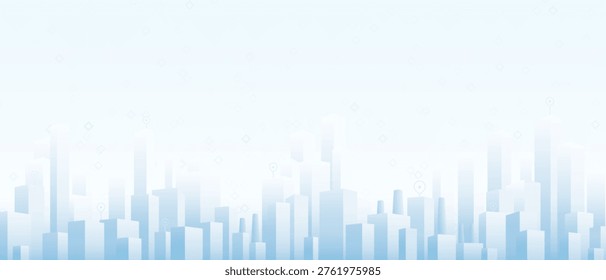 Light blue abstract cityscape skyline with skyscrapers and location pin icons