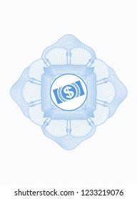 Light blue abstract linear rosette with money, dollar bill icon inside