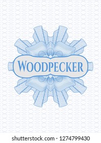 Light blue abstract linear rosette with text Woodpecker inside