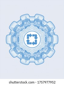 Light blue abstract linear rosette. with recycle icon inside