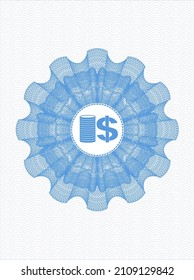 Light blue abstract linear rosette. with stack of coins icon inside