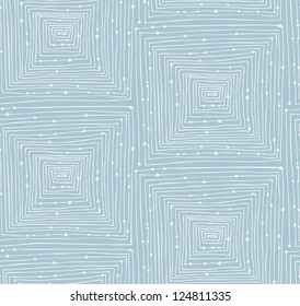Light blue abstract linear seamless pattern. Endless background with mazes. Labyrinth. Hand drawn vector texture with squares and dots