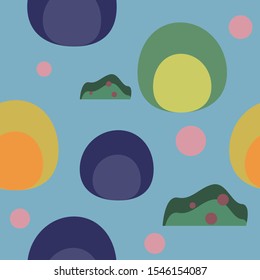 Light blue abstract pattern with circle yellow, green, orange and blue with green bushes for kids