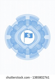 Light blue abstract rosette with flag with money symbol inside icon inside
