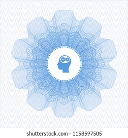 Light blue abstract rosette with head with gears inside icon inside