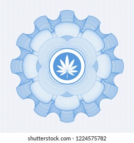 Light blue abstract rosette with marijuana leaf icon inside