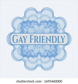 Light blue abstract rosette with text Gay Friendly inside