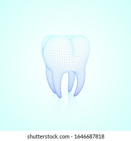 Light Blue Abstract Vector Wireframe Polygonal Mesh Tooth With Reflection, Three-Quarter Front Angle View