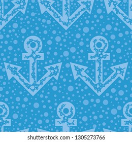 Light blue anchors and dots, a seamless striped pattern on the blue background. Minimalistic monochromatic dotted design. Marine vector drawing repeat pattern. Endless nautical theme wallpaper. 