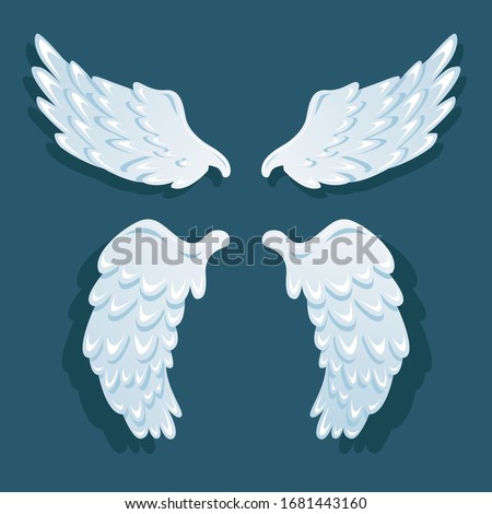 Light blue angel wings. Two pairs of white isolated wings with small shadow on blue background. Stock vector. Flat illustration.