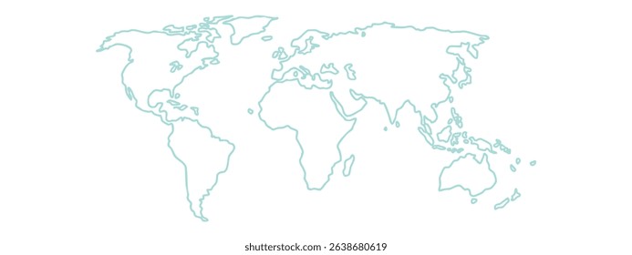 Light blue aquamarine outline of world map continent on white isolated background. Seven regions. Asia, Africa, North America, South America, Antarctica, Europe, and Australia. Geography map. EPS 10.