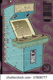 Light blue arcade machine on a mauve screw background.