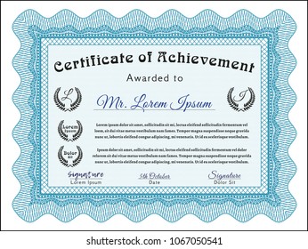 Light blue Awesome Certificate template. With complex linear background. Vector illustration. Money Pattern design. 