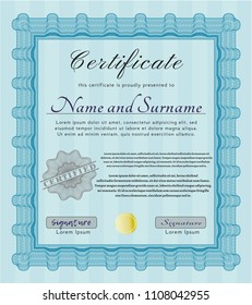 Light blue Awesome Certificate template. With complex linear background. Customizable, Easy to edit and change colors. Beauty design. 