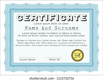 Light blue Awesome Certificate template. Vector illustration. Printer friendly. Cordial design. 