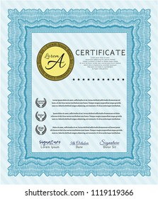 Light blue Awesome Certificate template. Money Pattern. With guilloche pattern and background. Customizable, Easy to edit and change colors. 