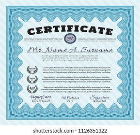 Light blue Awesome Certificate template. With guilloche pattern. Customizable, Easy to edit and change colors. Money style design. 
