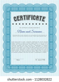 Light blue Awesome Certificate template. Detailed. With guilloche pattern. Lovely design. 