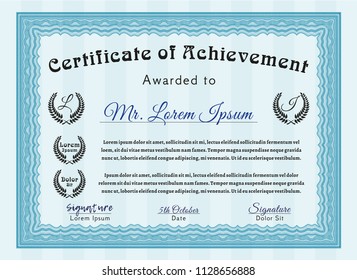 Light blue Awesome Certificate template. With guilloche pattern and background. Cordial design. Vector illustration. 