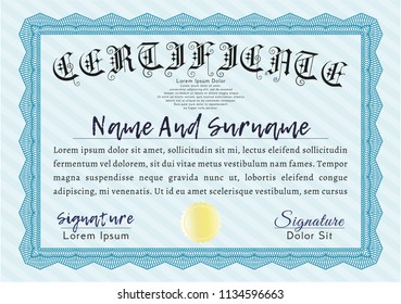 Light blue Awesome Certificate template. Lovely design. Customizable, Easy to edit and change colors. With complex linear background. 