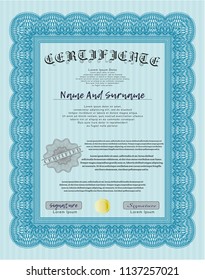 Light blue Awesome Certificate template. Vector illustration. With quality background. Money Pattern. 