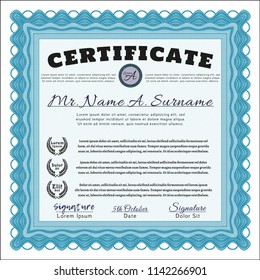 Light blue Awesome Certificate template. With complex background. Excellent design. Detailed. 