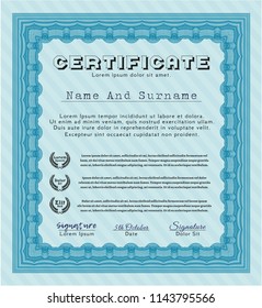 Light blue Awesome Certificate template. With guilloche pattern. Nice design. Vector illustration. 