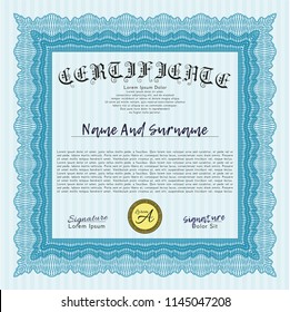 Light blue Awesome Certificate template. Money Pattern. Vector illustration. Complex background. 