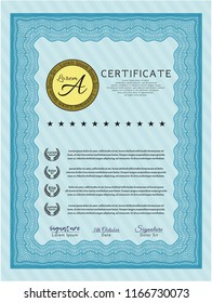 Light blue Awesome Certificate template. With background. Cordial design. Vector illustration. 