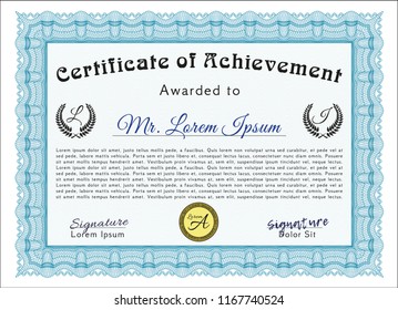 Light blue Awesome Certificate template. Sophisticated design. Vector illustration. With complex linear background. 