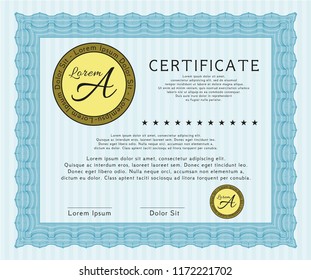 Light blue Awesome Certificate template. Cordial design. With great quality guilloche pattern. Detailed. 