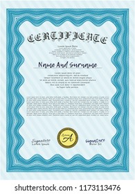 Light blue Awesome Certificate template. Lovely design. Detailed. With guilloche pattern and background. 