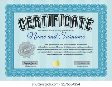 Light blue Awesome Certificate template. With complex linear background. Cordial design. Detailed. 
