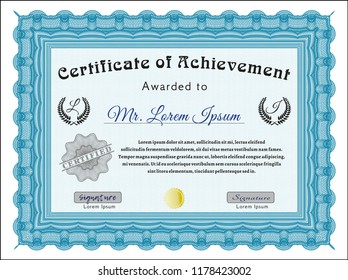 Light blue Awesome Certificate template. Lovely design. Detailed. With guilloche pattern and background. 