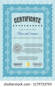 Light blue Awesome Certificate template. With linear background. Cordial design. Customizable, Easy to edit and change colors. 