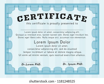 Light blue Awesome Certificate template. Complex background. Nice design. Vector illustration. 