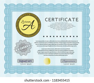 Light blue Awesome Certificate template. With complex linear background. Nice design. Vector illustration. 