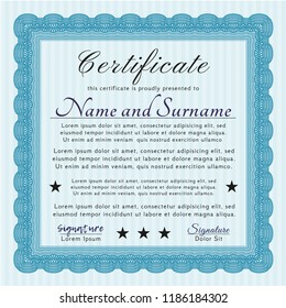 Light blue Awesome Certificate template. With guilloche pattern and background. Vector illustration. Artistry design. 