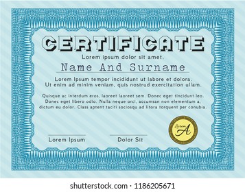 Light blue Awesome Certificate template. Money Pattern. Vector illustration. With linear background. 