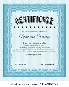 Light blue Awesome Certificate template. Retro design. With guilloche pattern. Vector illustration. 