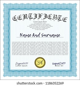 Light blue Awesome Certificate template. Vector illustration. Printer friendly. Beauty design. 