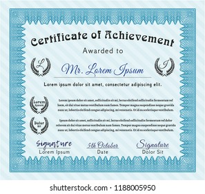 Light blue Awesome Certificate template. Customizable, Easy to edit and change colors. With guilloche pattern. Retro design. 