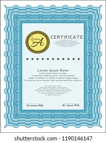 Light blue Awesome Certificate template. Artistry design. Easy to print. Vector illustration. 