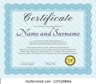 Light blue Awesome Certificate template. With complex background. Detailed. Good design. 