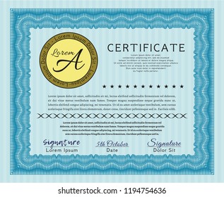 Light blue Awesome Certificate template. With guilloche pattern and background. Retro design. Vector illustration. 