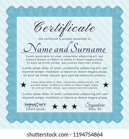 Light blue Awesome Certificate template. With background. Detailed. Elegant design. 
