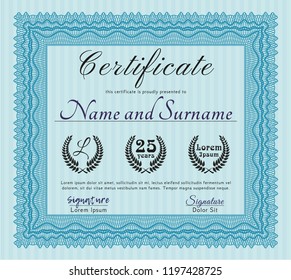 Light blue Awesome Certificate template. With complex linear background. Vector illustration. Artistry design. 